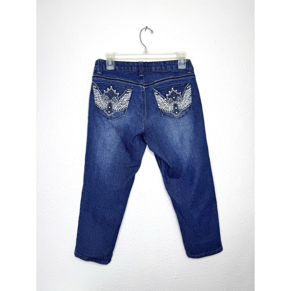 SouthPole Capri Jeans Size 9 Embellished Low Rise Blue Denim Stretch Y2K Angel